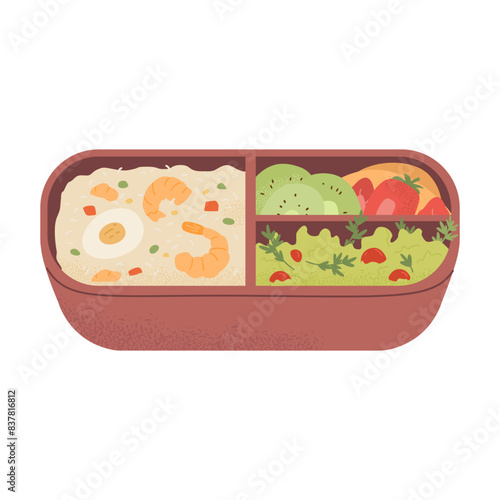 Lunch box or bento box with food vector illustration isolated on white. Rice with shrimps, fruits and salad in food container.