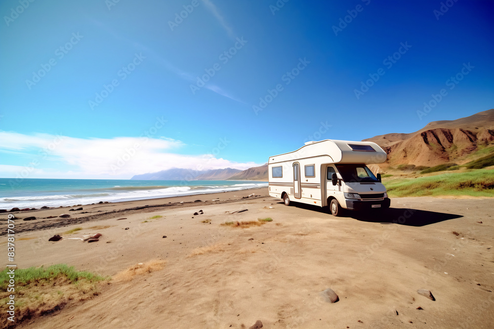 Motorhome on the landscape with mountains and lake. Car traveling illustration. Freedom vacation travel. Caravan design concept Motorhome on the landscape with mountains and lake. Car traveling illustration. Freedom vacation travel. Caravan design concept
