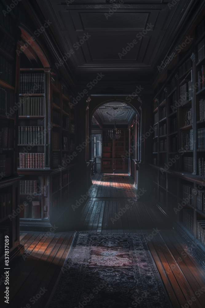 Dark minimalist library interior with light. Dark minimalist library interior with light.