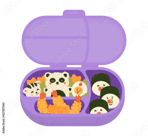 Cute kid's lunch box with fried shrimps, rolls and animals made from rice vector illustration isolated on white. Opened bento box with food.