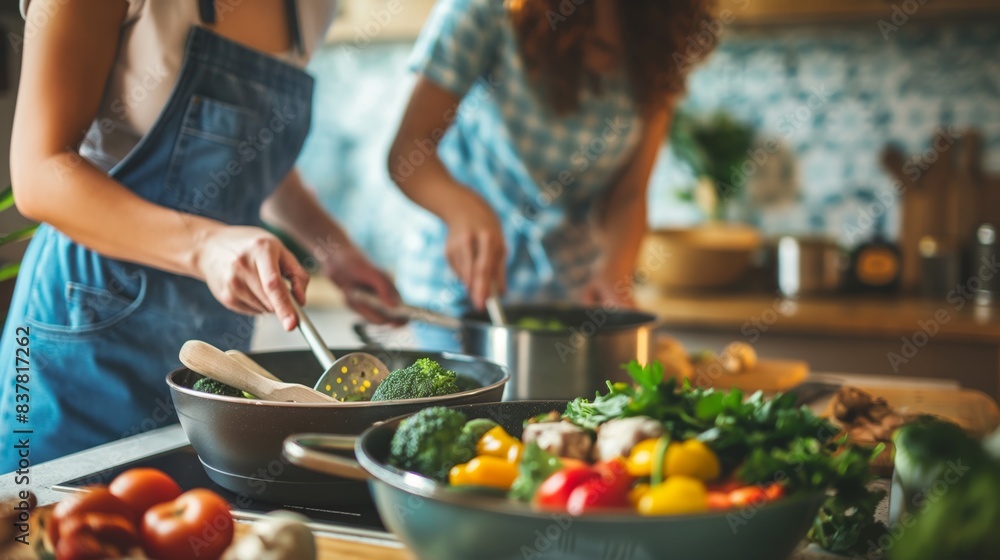 Two women actively engage in cooking a fresh and healthy dinner in a modern kitchen setting