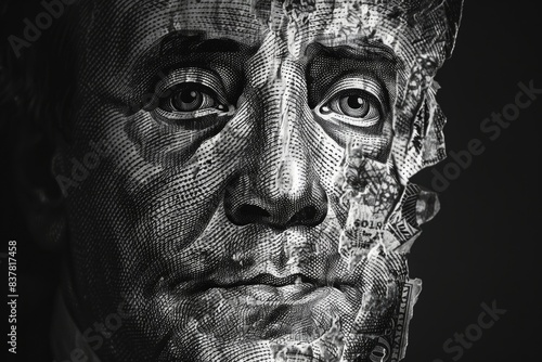 Close-Up of Dollar Bill Texture on Benjamin Franklin's Face in Black and White