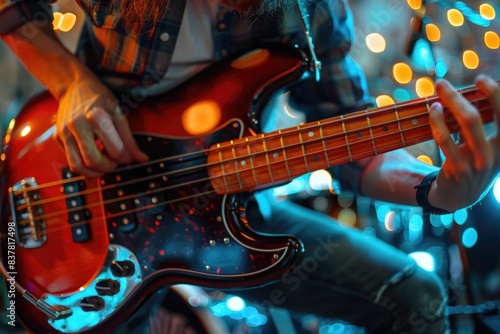 Electric bass guitar player hands, live music