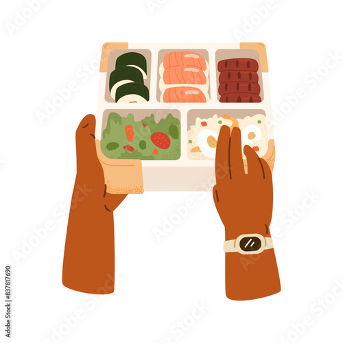 African American hands holding bento box with food vector illustration isolated on white. Hands holding food container with rice, sushi, rolls, sausages and vegetable salad.