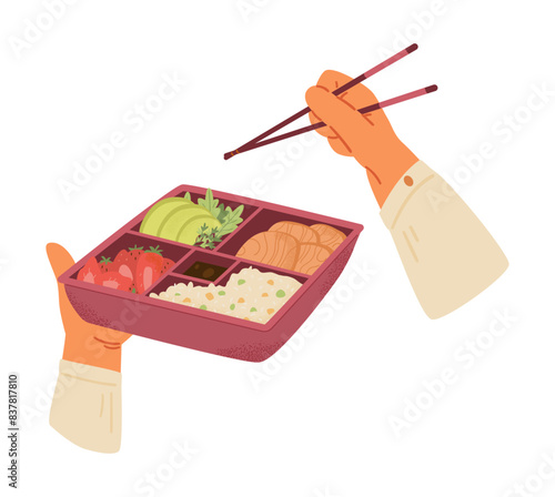Hands holding bento box with food vector illustration isolated on white. Eating lunch with bamboo sticks from bento box. 