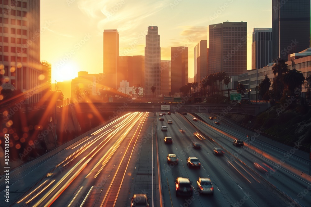 Obraz premium Sunset Downtown LA Skyline Featuring Buildings and Highway