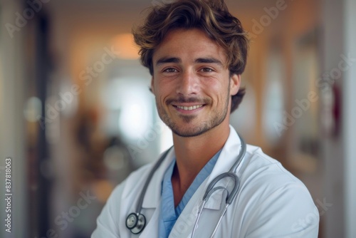Male doctor white coat stethoscope standing hallway