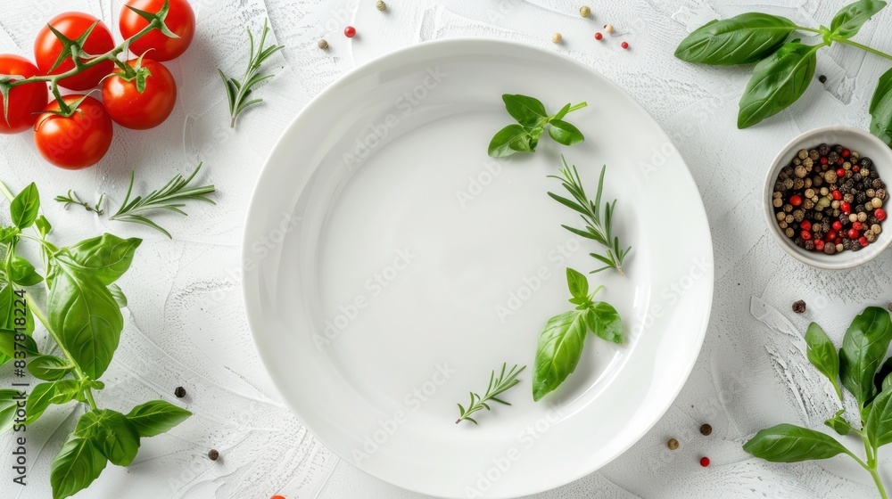 Empty plate with herbs on white textured background Empty plate with herbs on white textured background