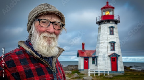  A bearded, glasses-wearing man stands before a red-and-white lighthouse A red lightouse looms on its opposite side, beneath a foreboding, dark