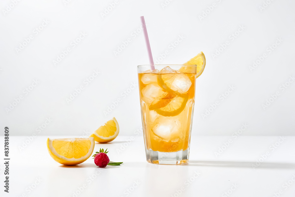 Fototapeta premium Glass of Iced Tea with Lemon Slices and Raspberry