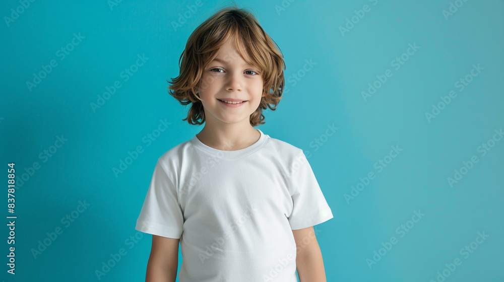 Little boy wearing bella canvas white shirt mockup, at blue background. Design tshirt template, print presentation mock-up Little boy wearing bella canvas white shirt mockup, at blue background. Design tshirt template, print presentation mock-up