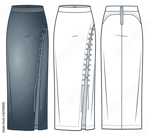 Denim Skirt technical fashion illustration. Lace Up Skirt fashion technical drawing template, asymmetric, front slit, back zipper, maxi, slim fit, front, back view, white, grey, women CAD mockup set.