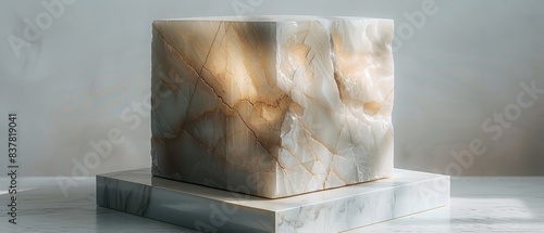 Elegant marble cube with intricate veining, set on a matching marble base, showcased in soft natural lighting. photo