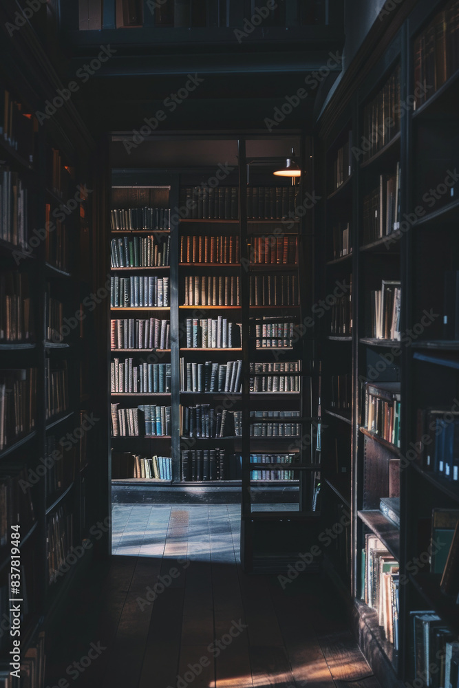 Dark minimalist library interior with light. Dark minimalist library interior with light.