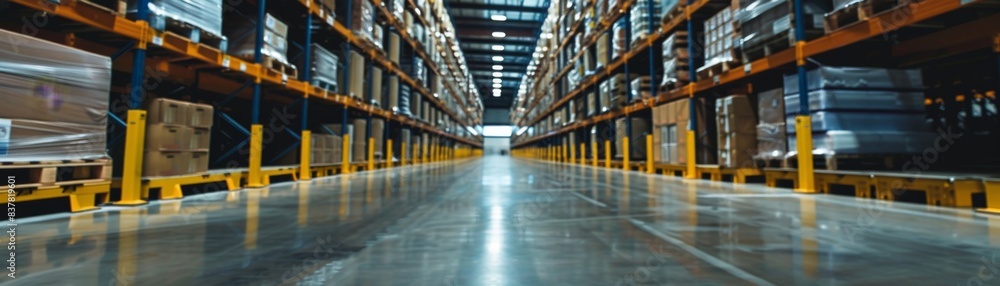 Fototapeta premium Modern large warehouse interior with high shelves, pallets, and containers. Industrial storage space with organized inventory and logistics.