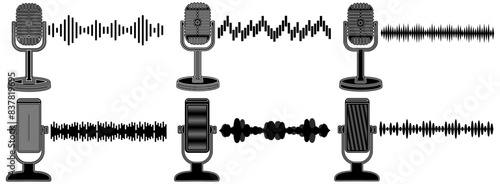 Set retro microphone with audio waveform icon. recording podcast soundwaves  symbol design vector illustration