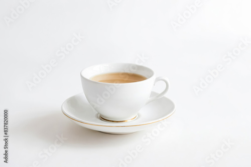 White Teacup and Saucer with Gold Trim on White Background