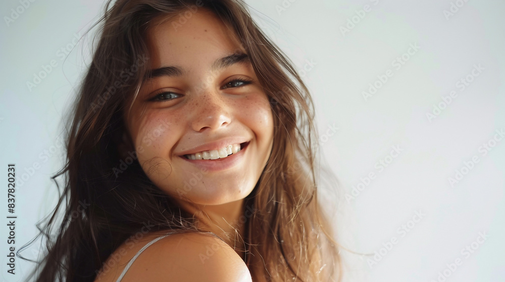 Obraz premium Portrait of a beautiful young woman smiling and looking at camera on a plain background