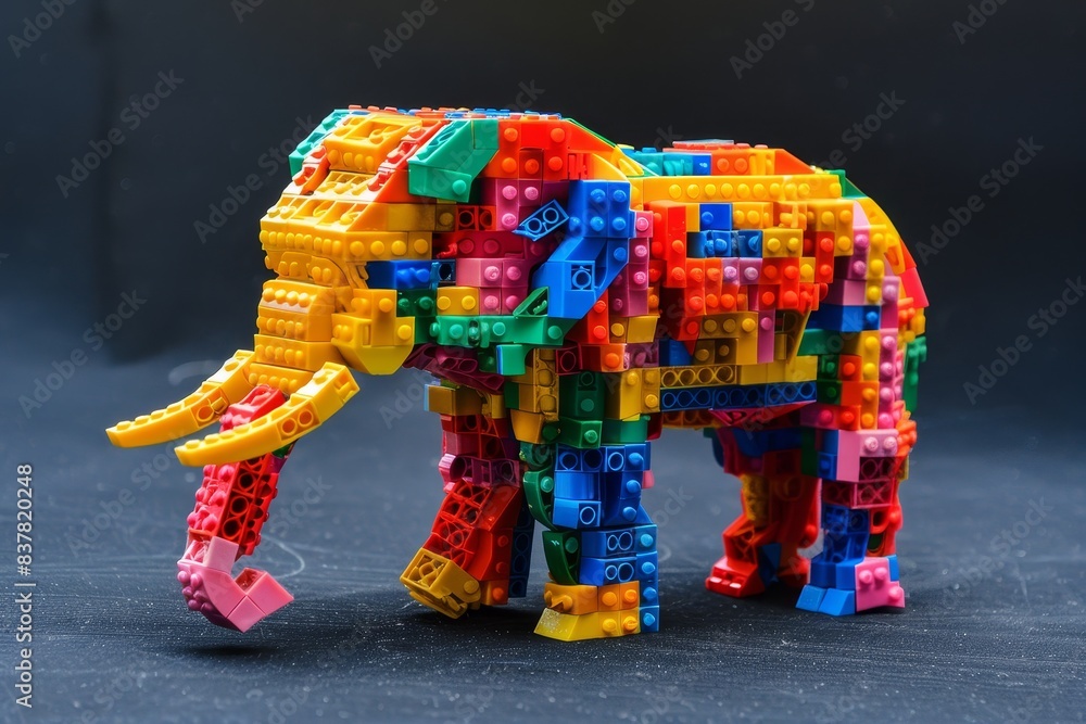 Obraz premium Vibrant Plastic Block Elephant Toy with Intricate Trunk and Tusks