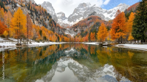  A mountain range with a forested lake in the foreground and a snow-covered mountain range in the background