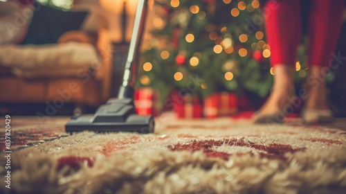  A woman in red pants vacuums a carpet beside a Christmas tree, another tree visible behind the carpet photo