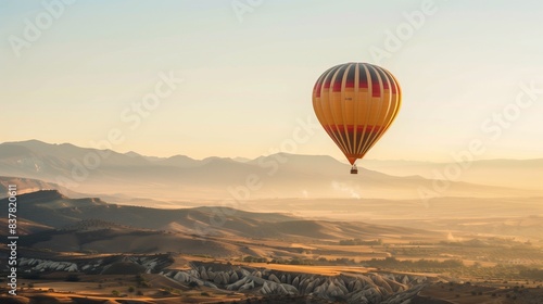 Hot Air Balloon Floating in Clear Sky with Mountains