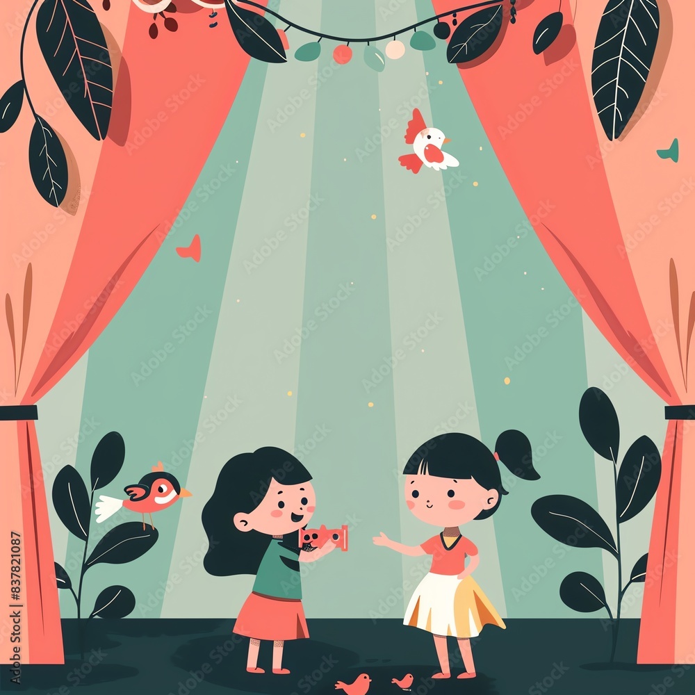 Illustration of two children playing under a large, curtain-like structure with leaves and birds in a whimsical outdoor scene. Illustration of two children playing under a large, curtain-like structure with leaves and birds in a whimsical outdoor scene.