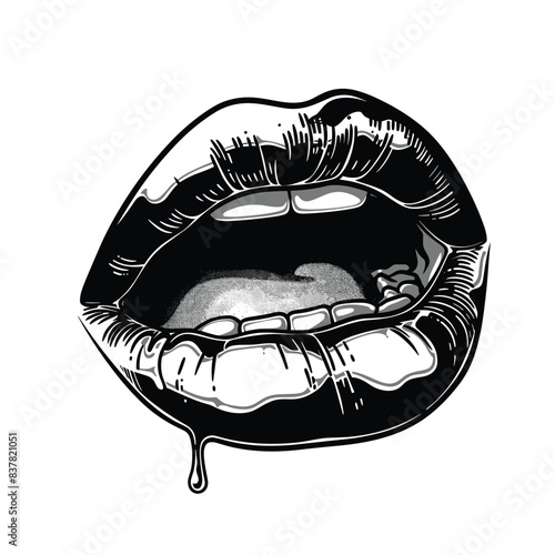 Black white illustration sensual open mouth, dripping liquid. Detailed lips, teeth tongue accentuated strong contrast. Artistic representation communicates desire, taste speak theme