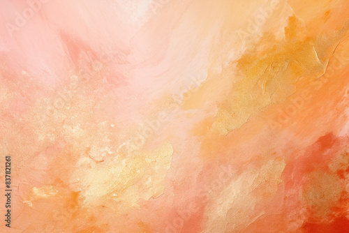 Canvas background with soft pink, peach fuzz colors and gold, blended of cream paint strokes and splashes, abstract banner for design or web.