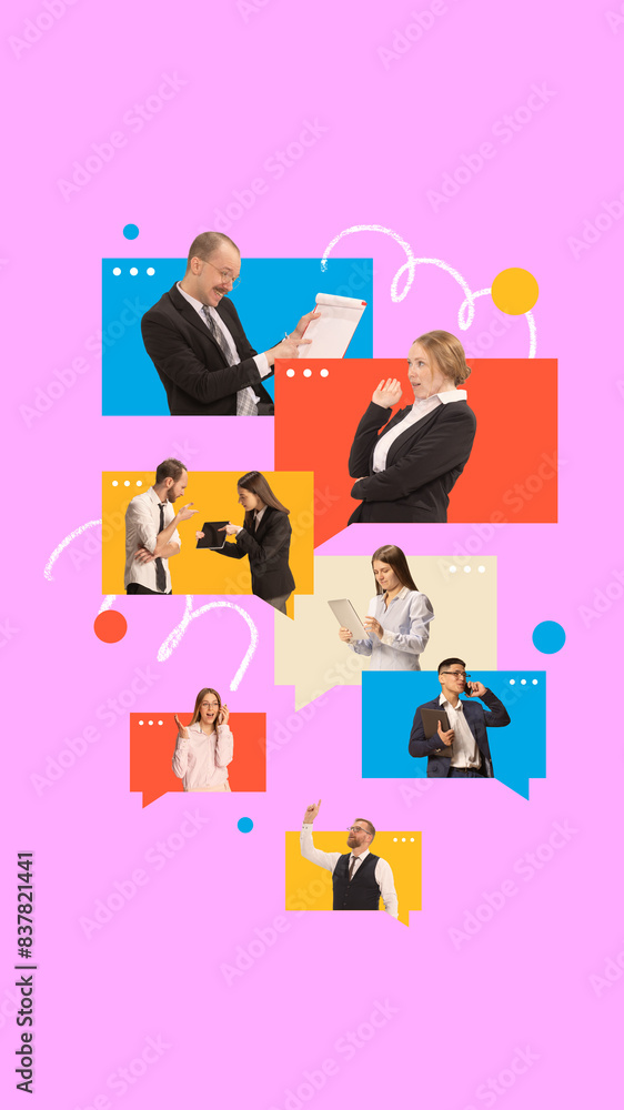 Poster. Contemporary art collage. Group of people, colleagues in colorful speech bubbles representing remote communication. Concept of remote working and studying, work from home, teamwork, online. Ad Poster. Contemporary art collage. Group of people, colleagues in colorful speech bubbles representing remote communication. Concept of remote working and studying, work from home, teamwork, online. Ad