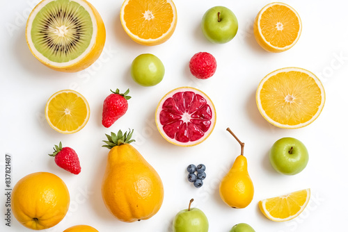 Colorful Fruits and Berries on White Background