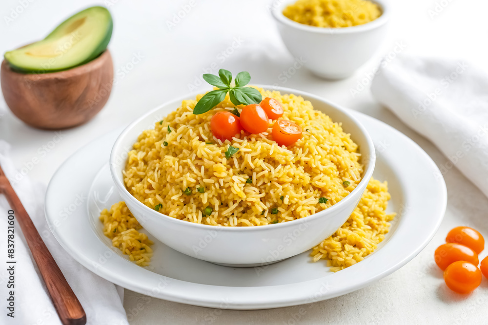 Close Up of Yellow Rice with Cherry Tomatoes and Basil Close Up of Yellow Rice with Cherry Tomatoes and Basil