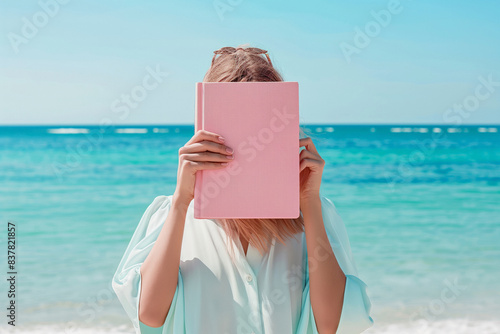 Woman covering her face with a pink book on the beach