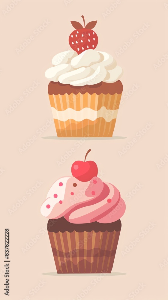 Delicious cupcakes with creamy frosting, topped with a strawberry and a cherry. Perfect for dessert, bakery, and confectionery themes. Delicious cupcakes with creamy frosting, topped with a strawberry and a cherry. Perfect for dessert, bakery, and confectionery themes.