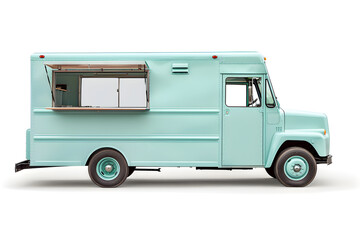 Pastel blue, turquoise food truck side view isolated on white background