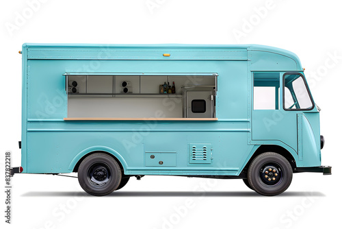 Pastel blue  turquoise food truck side view isolated on white background