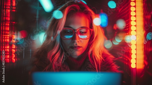  A woman in red glasses gazes at a laptop in a dimly lit room Neon lights adorn the walls behind her as she intently focuses on the screen