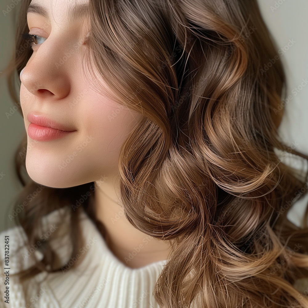 Close-up of side view of female hair model with brown thick wavy permed hair. Close-up of side view of female hair model with brown thick wavy permed hair.