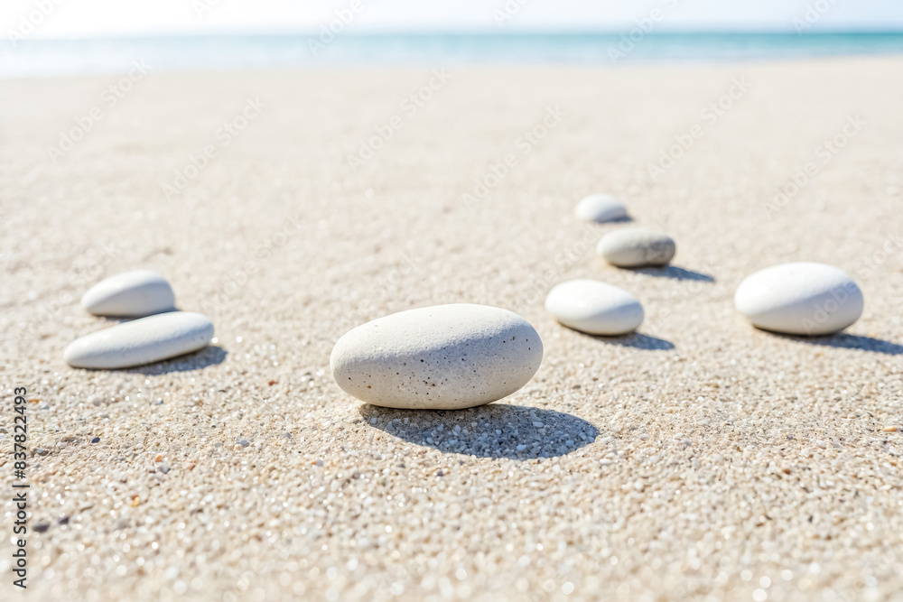 White Pebbles on Sandy Beach with Blurred Ocean Background