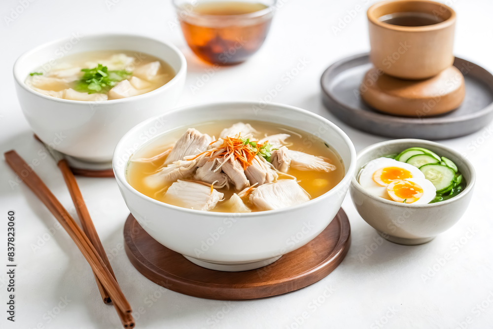 Chicken and egg soup bowl with cucumber slices Chicken and egg soup bowl with cucumber slices