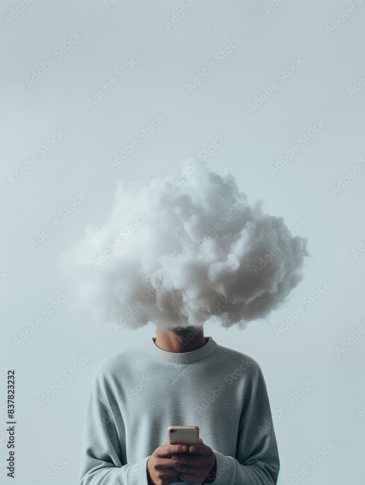 A person with his head in the little cloud is looking at the phone in his hand A person with his head in the little cloud is looking at the phone in his hand