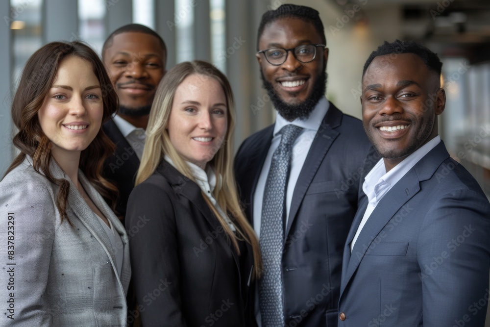 Business professionals smiling for photo in tall structure Business professionals smiling for photo in tall structure