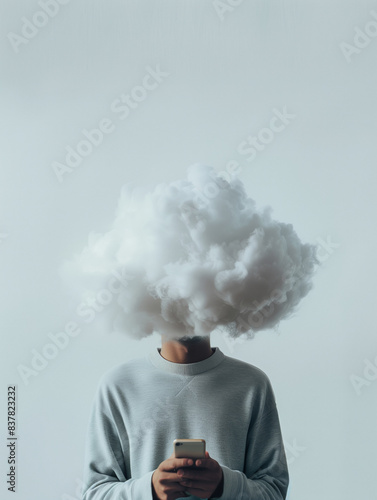 A person with his head in the little cloud is looking at the phone in his hand © belekekin