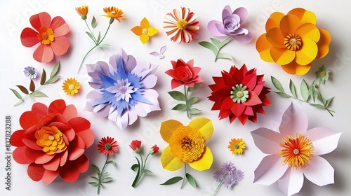 An array of different flower types made with paper cut work, showcasing intricate paper crafts and isolated on a white background.