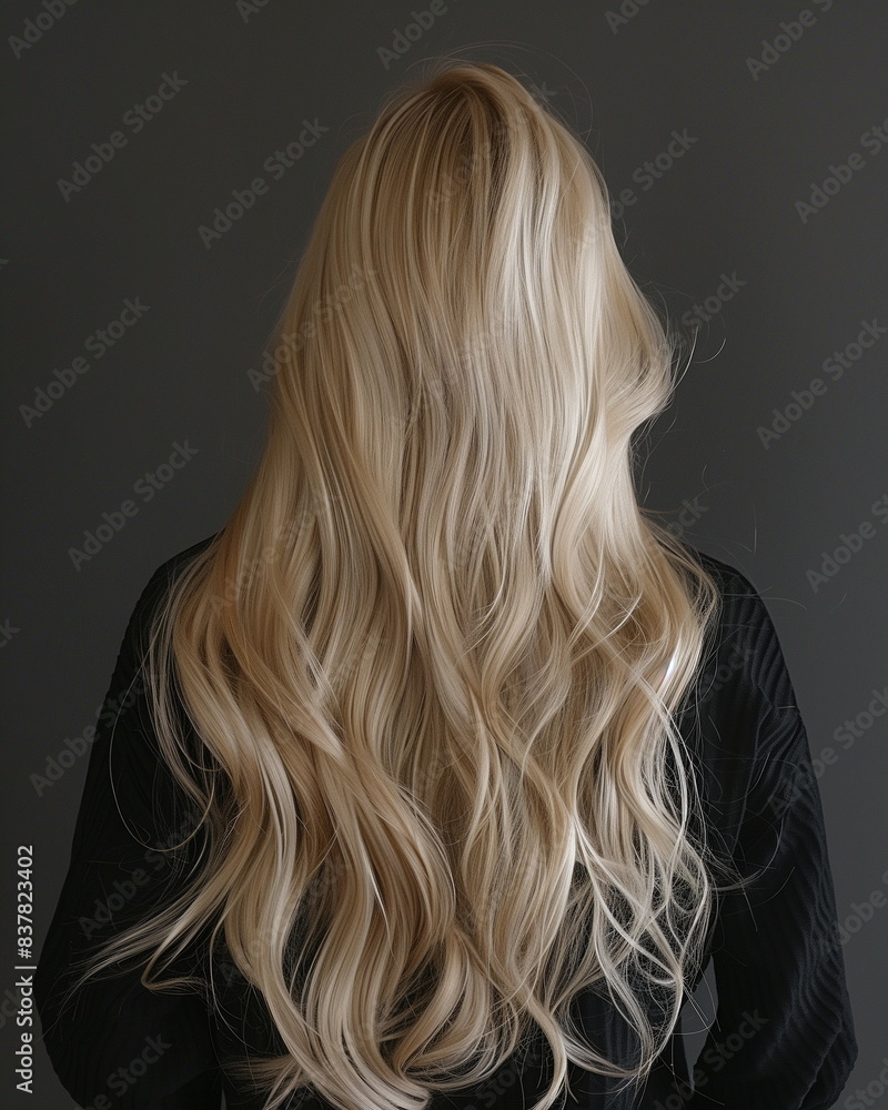 Naklejka premium A close-up of the back of a female hair model with long blonde wavy hair. Hair model, hair product advertisement, black studio background.