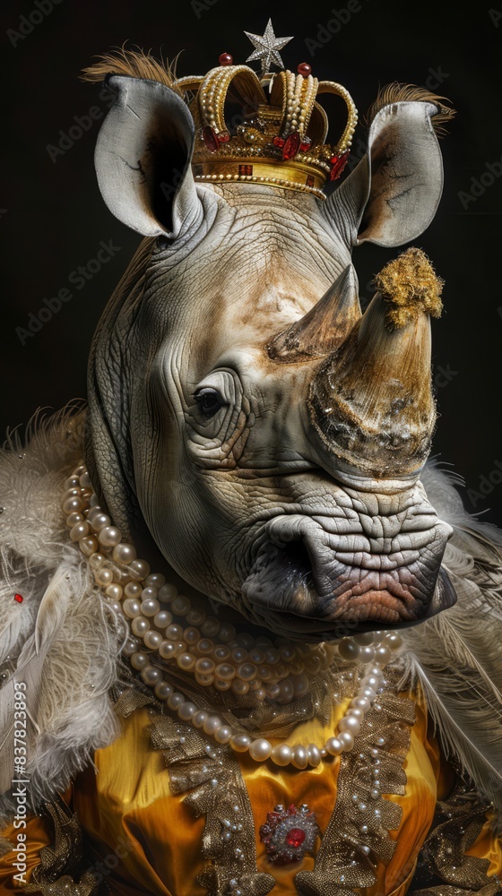 A crowned rhinoceros wearing a luxurious outfit on a black background. A crowned rhinoceros wearing a luxurious outfit on a black background.