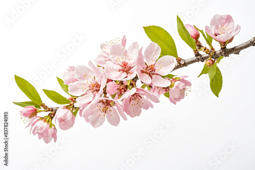 Pink Cherry Blossom Branch Isolated on White Background