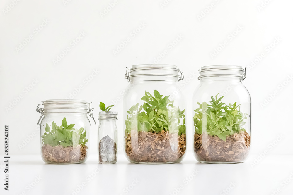 Three Glass Jars With Green Plants Inside Three Glass Jars With Green Plants Inside