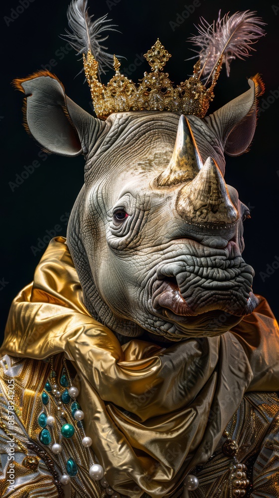 A crowned rhinoceros wearing a luxurious outfit on a black background. A crowned rhinoceros wearing a luxurious outfit on a black background.