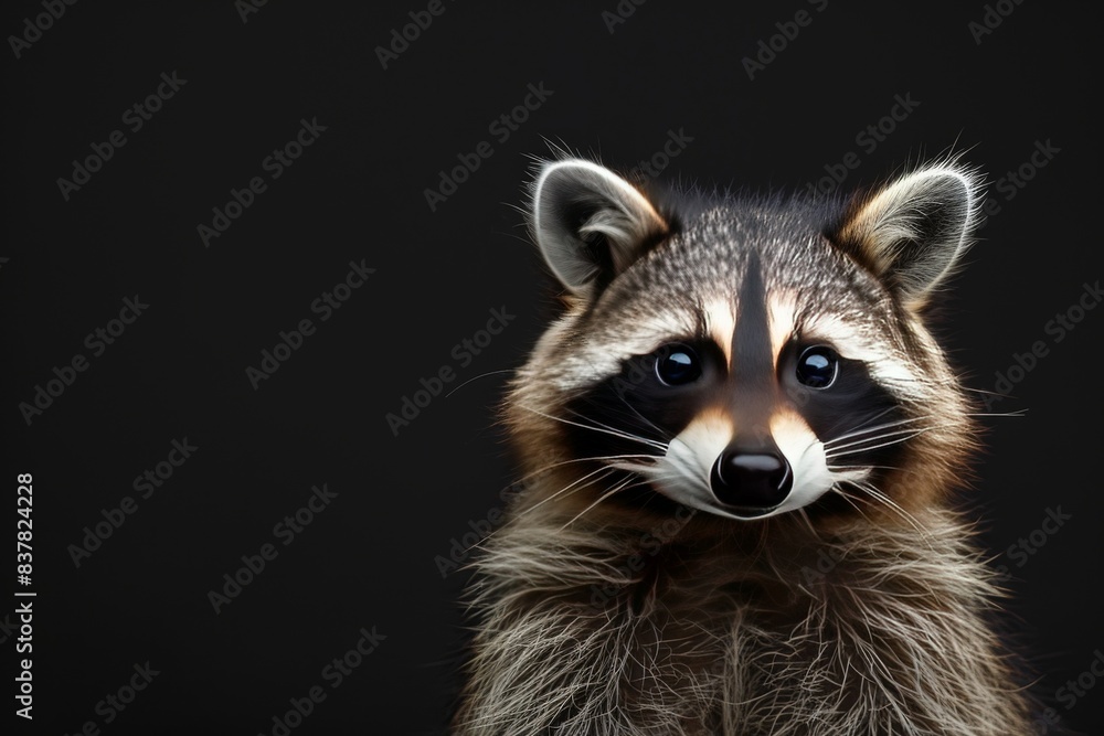 Mystic portrait of Common Raccoon in studio, copy space on right side, Anger, Menacing, Headshot, Close-up View Isolated on black background Mystic portrait of Common Raccoon in studio, copy space on right side, Anger, Menacing, Headshot, Close-up View Isolated on black background